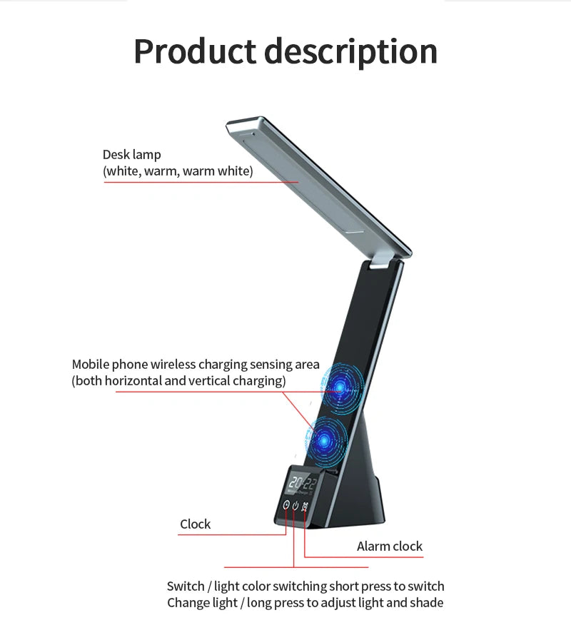 Phos Light LED Desk Lamp with Alarm Clock & Wireless Charger